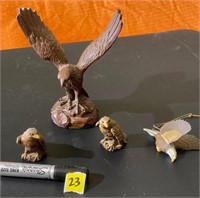 Wood carved eagle and collectible ceramics