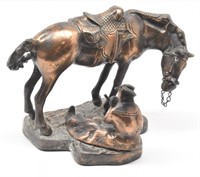 Resting Bronze Cowboy and Horse Statue Western