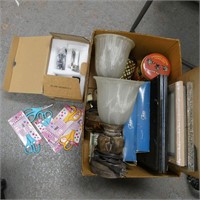 Box Lot of Picture Frames & Pair of Modern Lights