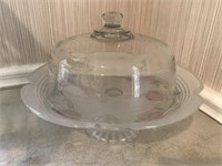 Floral Frosted Glass Footed Cake Plate w/ Lid