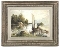 Signed Sail Boat, Pier w Figures Oil, Wagalius (?)