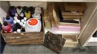 Shelf lot of crafting supplies, paint & wood