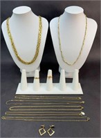 GOLD TONE NECKLACES, RINGS, EARRINGS