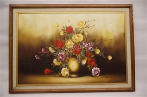 Vintage Floral Artwork on Canvas - SIgned