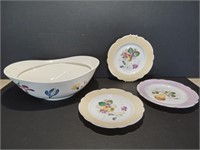 Floral Ceramic Serving Bowl and 3 Decorative Wall