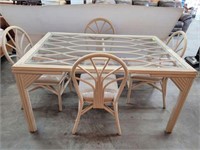 RATTAN GLASS TOP TABLE, 4 CHAIRS