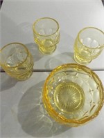 YELLOW GEORGIAN BOWL & THREE GLASSES