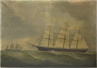 19TH C. OIL PAINTING OF CLIPPER SHIP AT FULL SAIL