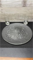 13" Christmas Plate & 2 Etched Cornflower Juice Gl