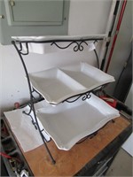 WROUGHT IRON 3 TIER SERVING STAND W/ MILK GLASS