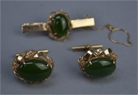 Green Jade & 14k Gold Cufflinks & Tie Pin