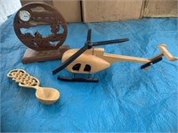 Handmade wooden helicopter, clock, spoon