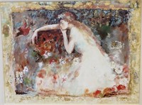 Hua Chen "A Maiden and a Red Bird" Oil on Canvas