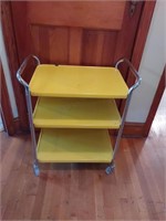 Vtg Yellow Metal Serving Cart on Wheels