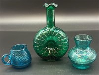 MCM Teal Sunflower Vase, Blue Creamer & Small