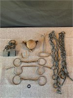 Antique Iron Lot: Cannon Ball, Chains, Bits, More