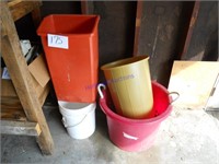 Plastic trash cans, bucket, & tub