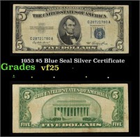 1953 $5 Blue Seal Silver Certificate Grades vf+