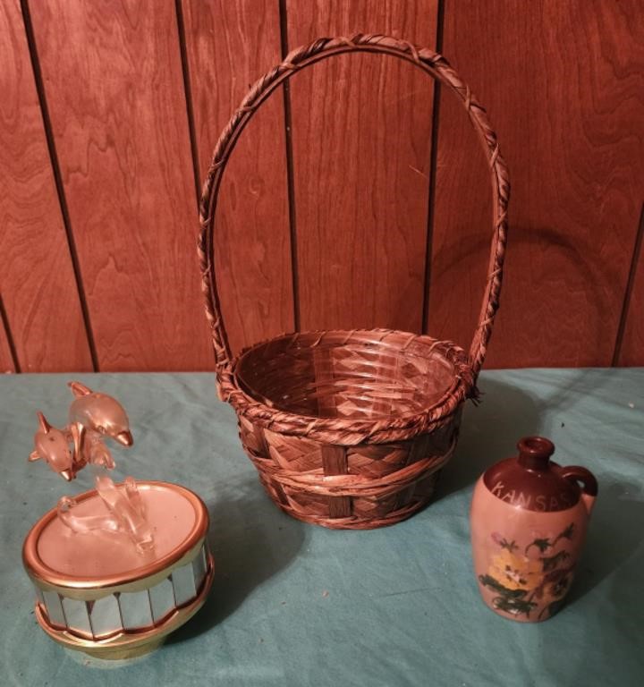 Musical glass dolphins, 4" Kansas jug, basket