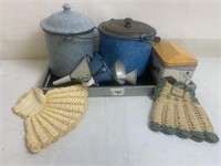 Antique Enamel Miniature Pots with lids, Funnels