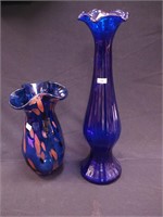 Two cobalt blue vases: 12" with gold iridescent