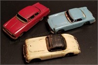 Three Japan Tin Friction 6" Toy Cars MG Opel Ferra