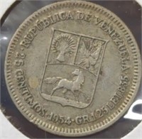 Silver 1954, Venezuela 25 centimes coin