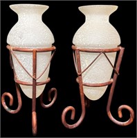 Two Glass Vases on Wrought Iron Stands