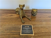 Small Brass Lying Dog & Owl Figurines