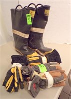 FIREMAN'S BOOTS & (4) PAIR OF GLOVES