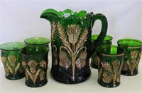 Green Pattern Glass Inverted Feather 7 pc water