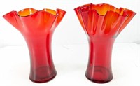 (2) Red Ruffle Vases