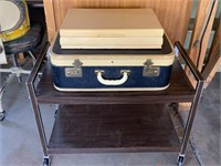 TV Cart on Wheels, VTG Suitcase, Silverware Case
