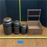 “Blessing” metal canisters with wood lids/seals,