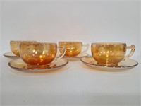 Set of 4 carnival glass marigold cups & saucers