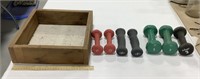 7 hand weights- 3 sets, 1lb, 3lb, 2lbs & a wood