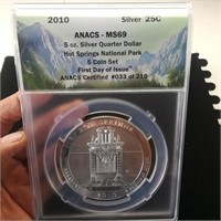 2010 ANACS MS69 First Day 5 0z Silver Hot Springs
