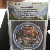2010 ANACS MS69 First Day 5 0z Silver Yellowstone