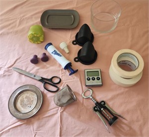 Assorted items lot, tape, scissors, butter dish,