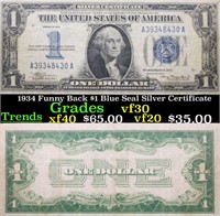 1934 Funny Back $1 Blue Seal Silver Certificate  G