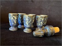 Natural Asian Pottery Blue Glaze Cup Set w Cork