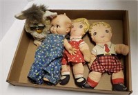 Flat w/ Cloth Boy & Girl Dolls, Kewpie Rubber