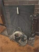 Fireplace screen, tools, mortar and pestle,