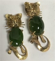 Pair Of 14k Gold And Jade Cat Pins