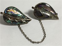 Pair Of Sterling Silver And Abalone Leaf Pins