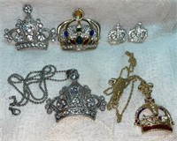 (2) Rhinestone/Crystal Crown Brooches, O.T.C.