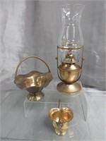 Brass Oil Lamp on Gimbled Base & Brass Basket, etc