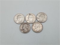 5 US Silver Quarters 1957 1962 1964 Coins