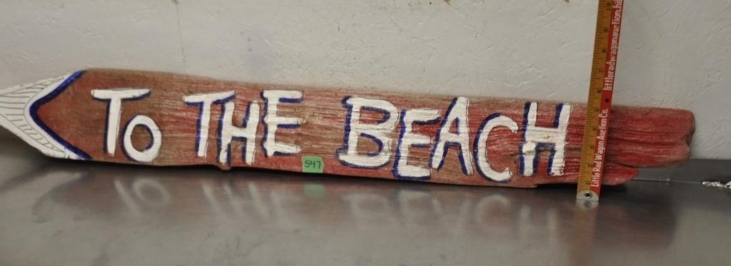 "To The Beach" wood painted sign, 41" long
