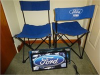 (2) Ford Canvas Chairs & Ford LED Shop Sign